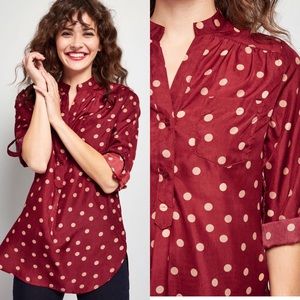 ModCloth Maroon Tunic with Tan Polka Dots - Size S